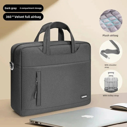 Dark gray briefcase with features highlighted on a beige background