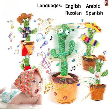 Plush dancing cactus toys with a baby and text indicating languages supported.