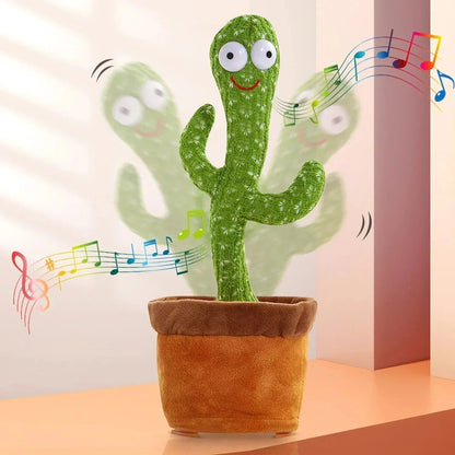 Plush cactus toy with music notes on a plain background