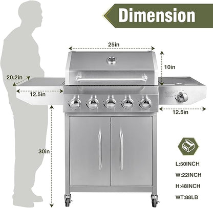 Bestfire 5-Burner Propane Gas Grill Stainless Steel Outdoor BBQ Professional Cooker