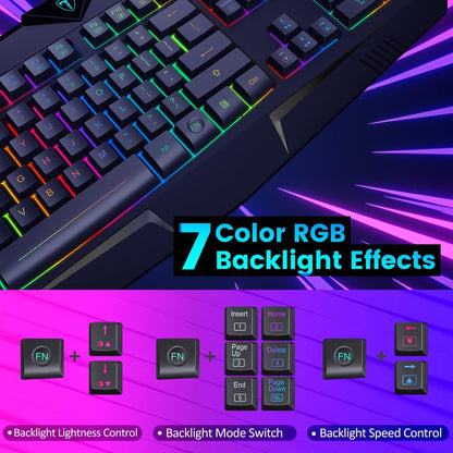 Full Size Wired Gaming Keyboard RGB Backlit Quiet Membrane Switches Black