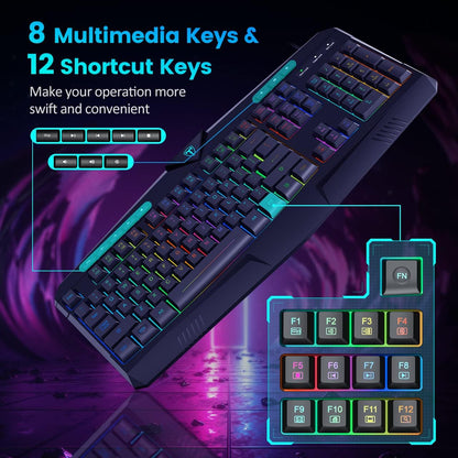 Full Size Wired Gaming Keyboard RGB Backlit Quiet Membrane Switches Black