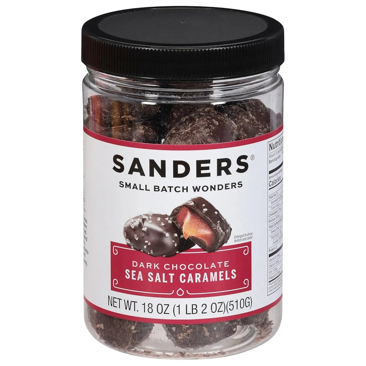 Jar of Sanders Dark Chocolate Sea Salt Caramels on a white background