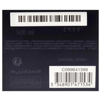 Back label of a Dior perfume bottle with product details and barcodes.