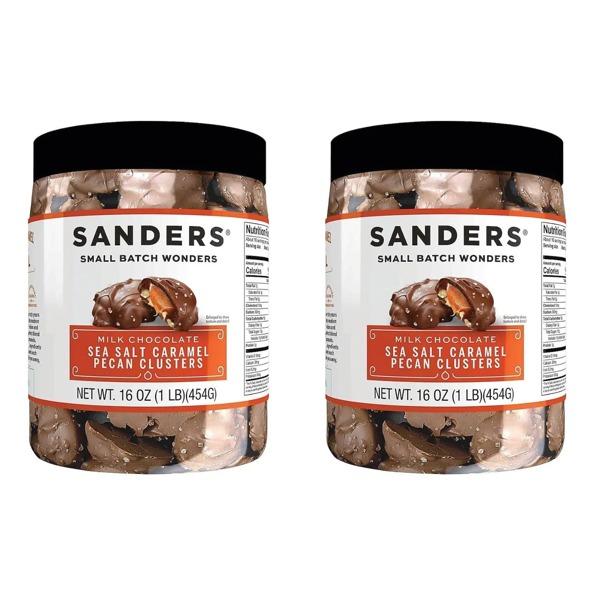Two jars of Sanders Milk Chocolate Sea Salt Caramel Pecan Clusters on a white background